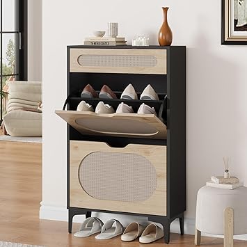 GarveeHome Rattan Shoe Cabinet with 2 Flip Drawers and 1 Pull-Out Drawer, Free Stand Shoe Storage Cabinet, 3 Adjustable Shelf, Narrow Shoe Cabinet for Entryway/Porch, Black