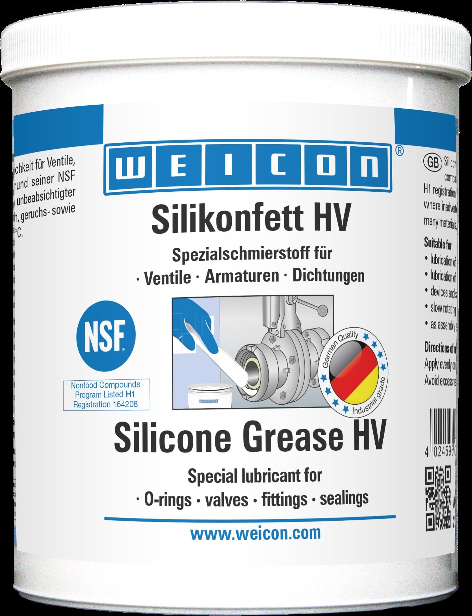 WEICON Grasso siliconico HV 450 g, Grasso siliconico alimentare per valvole, raccordi e guarnizioni, grasso lubrificante trasparente