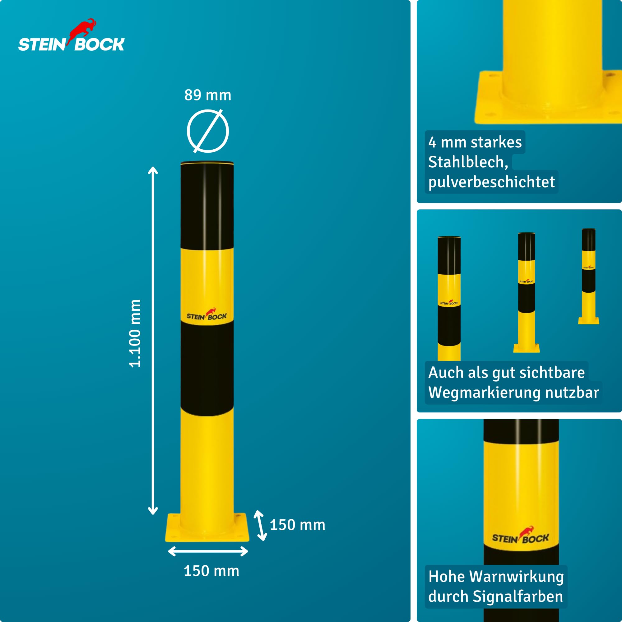 Steinbock Rammschutz-Poller | 110 cm Höhe | 8,9 cm Durchmesser | 8,7 kg Gewicht | pulverbeschichteter Stahl | Warnhinweis zum Schutz vor Anfahrschäden | robuster Anfahrschutz | Made in EU