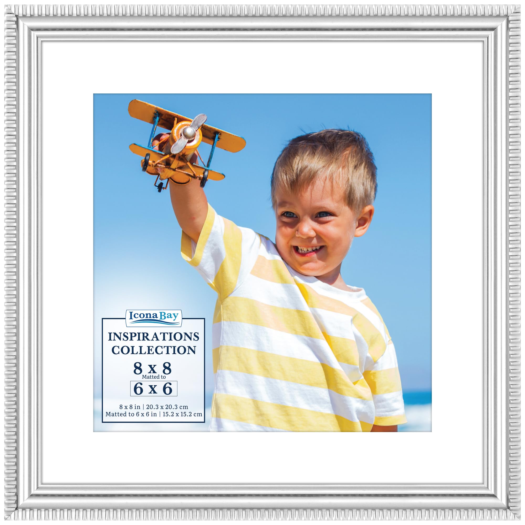 Icona Bay - 8x8 Silver Picture Frame with Removable Mat for 6x6 Photo - Beautifully Detailed Molding - Contemporary Picture Frame - Wall Mount or Table Top - Inspirations Collection
