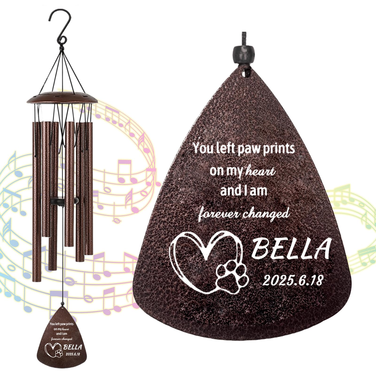 Custom Pet Memorial Wind Chimes with Name Date Dog Memorials Gifts for Loss of Dog Remembrance Bereavement Gift Wind Chime for Outside Garden 32' (Pet Memorial Gifts)