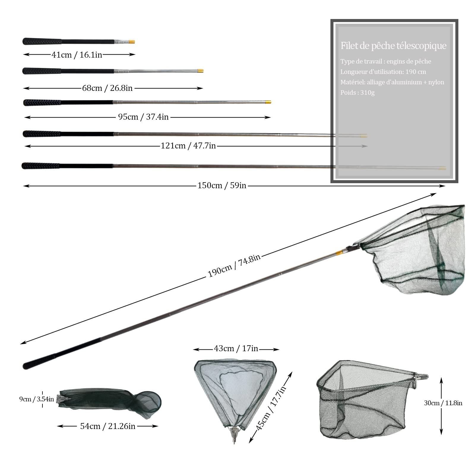 Épuisette de Pêche Pliable,190cm Long Manche Téléscopique,Poteau en Alliage d'Aluminium 4 Section/Filet Nylon Triangulaire,Extensible de 37 à 68 Pouces,pour Carpe Truite Crevette Etang Bassin Poisson