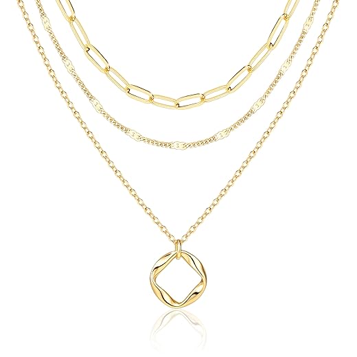 Layered Gold Necklaces for Women,Stackable Dainty 14K Gold Silver Plated Trendy Circle Paperclip Chain Pendant Choker Necklace,Simpl Diamond Cross Bow Jewelry Set Gifts for Women