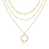 Layered Gold Necklaces for Women,Stackable Dainty 14K Gold Silver Plated Trendy Circle Paperclip Chain Pendant Choker Necklace,Simpl Diamond Cross Bow Jewelry Set Gifts for Women