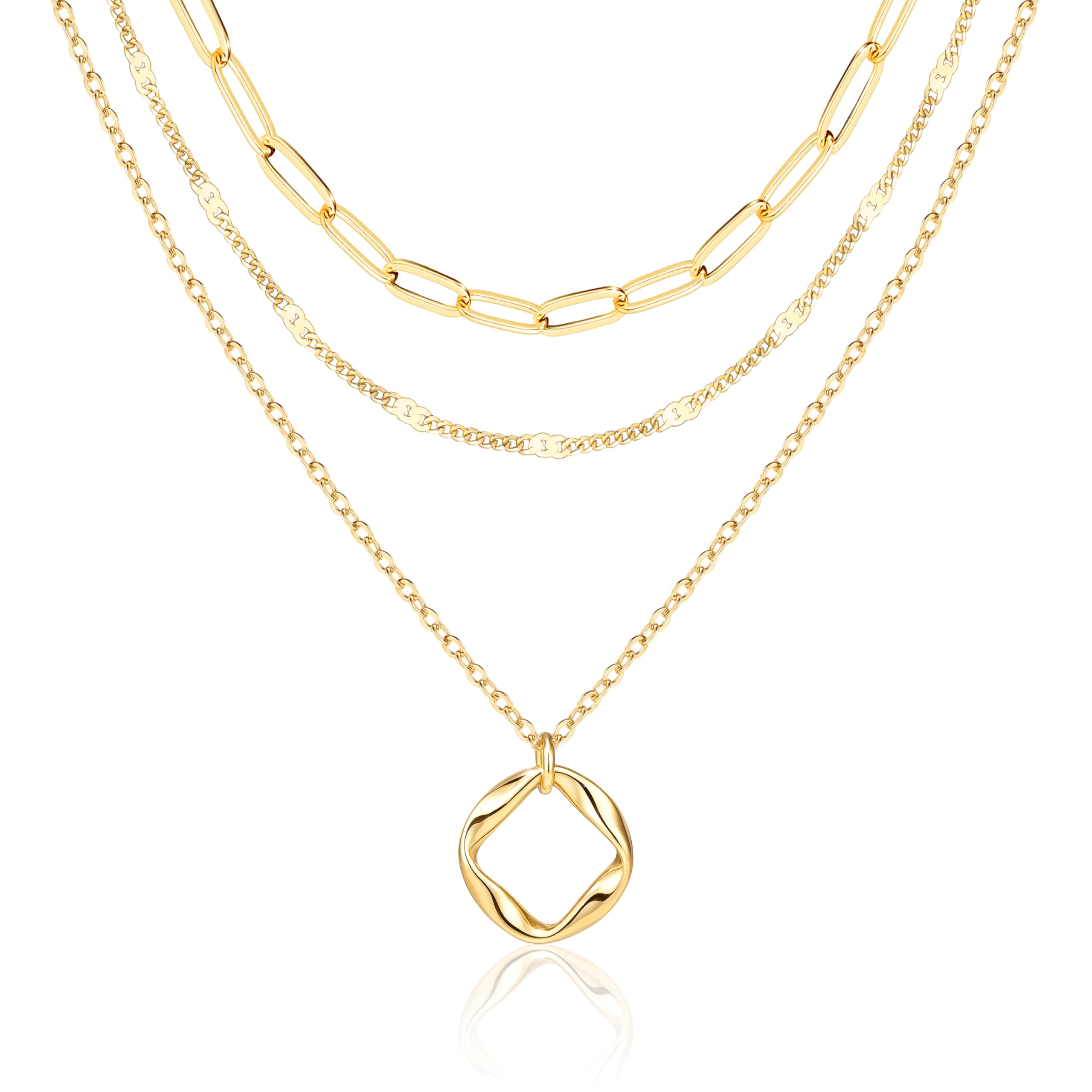 Layered Gold Necklaces for Women,Stackable Dainty 14K Gold Silver Plated Trendy Circle Paperclip Chain Pendant Choker Necklace,Simpl Diamond Cross Bow Jewelry Set Gifts for Women
