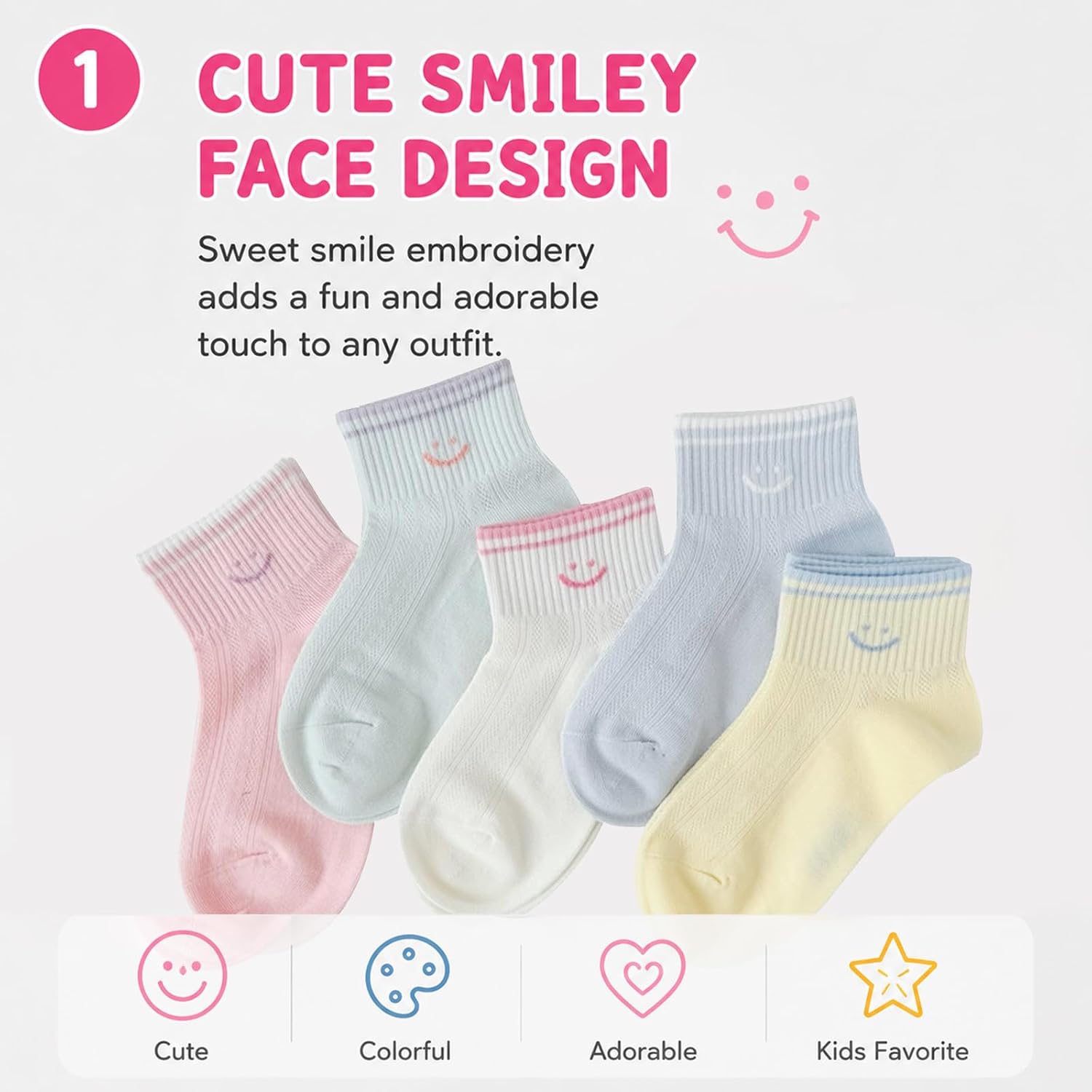 Boys Girls Ankle Socks Cute Smiley Face Cotton Soft Breathable Candy Color Crew Socks for Toddler Kids