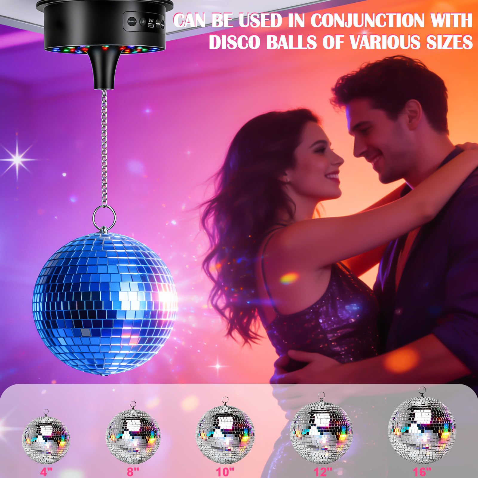 Motor de bola de discoteca con luz LED, motor giratorio de espejo con control remoto, luz de discoteca de 30 perlas LED, velocidad ajustable, accionamiento silencioso para bola de discoteca