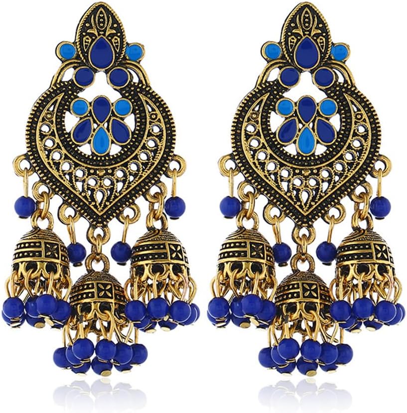 Boho Chandellier Jhumka Statement Dangle Earrings for Women Vintage Large Flower Ball Bead Tassel Drop Dangling Earring Indian Bollywood Jewelry Holiday Festival Christmas