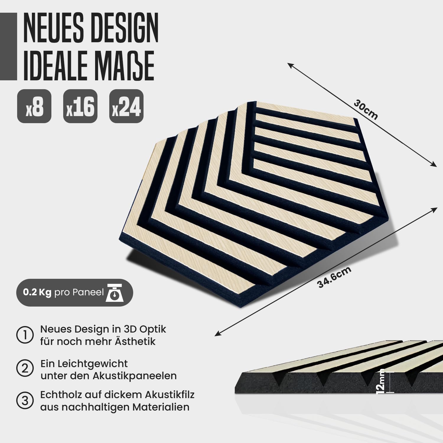 HOME LOVE® Wandbild aus Holz 8er Set | Hexagon Akustikplatten | 3D Gaming Wanddekoration | Akustikpaneele als Deko | Dekoration für Wohnzimmer Flur | Wandpaneele als Akustikbild | Dekoartikel groß