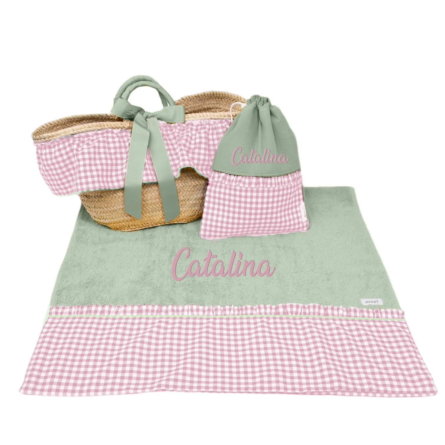 Nenel Capazo Mimbre Toalla de Playa Bolsa bañadores Personalizado para niña - Vichy (Personalizado) (3 Piezas, Rosa Maquillaje/Verde empolvado)