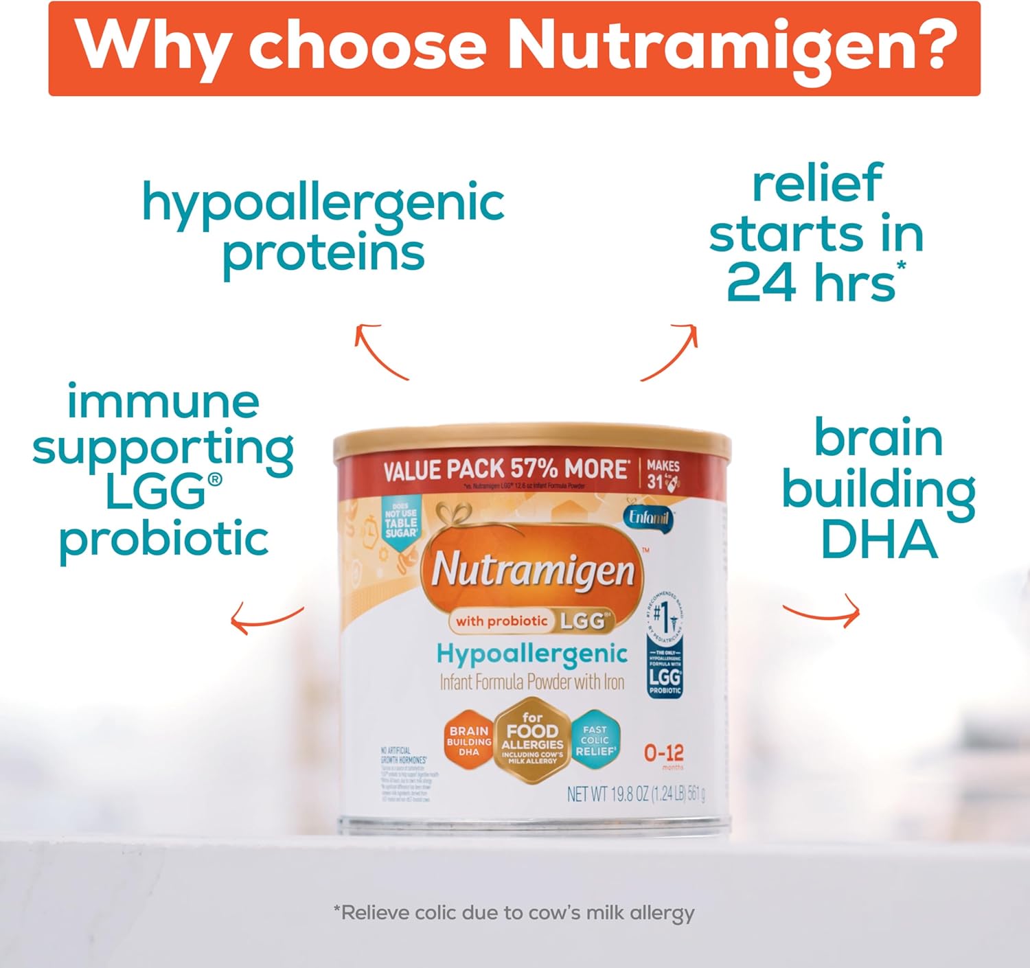 Enfamil Nutramigen Hypoallergenic Baby Formula with Iron, Lactose Free, Colic Relief from Cow's Milk Allergy Starts in 24 Hours, Brain Building DHA, Probiotic LGG for Immune Support, 19.8 Oz Can - Image 4