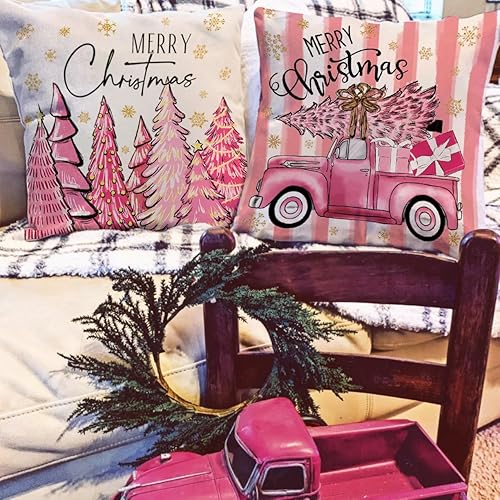 Miniatura 3 de Juego de 2 fundas de almohada rosas con diseño de árbol de Navidad de 16 x 16 pulgadas, para exteriores, 16 x 16 pulgadas, decoración de camión de