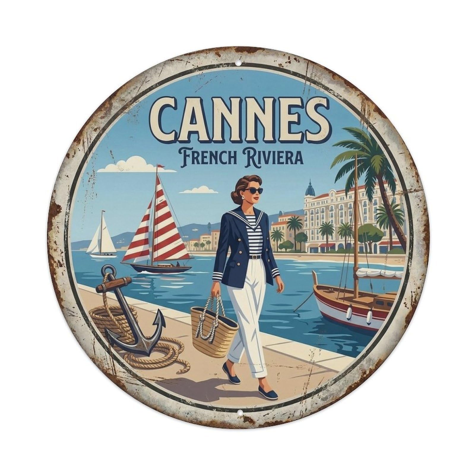 Nautical Style of Cannes Coastal Travel Vintage Metal Tin Sign