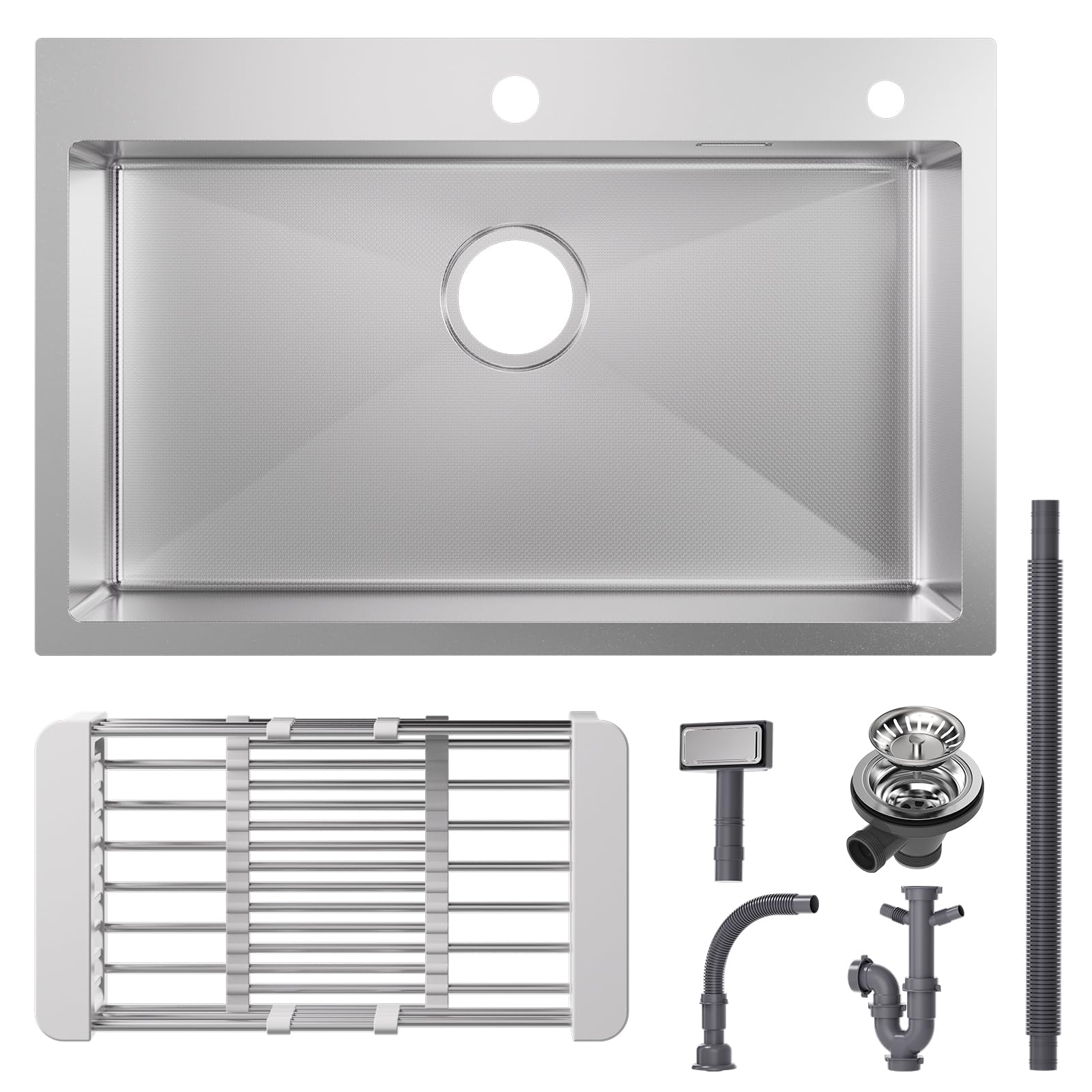 CECIPA 70×45cm Fregadero Sobre Encimera Con Cesta de Drenaje, Grande Cocina 1 Seno Para Armarios de 70cm o Más, Multifuncional de Acero Inox Con Sifón, Rebosadero y Residuos