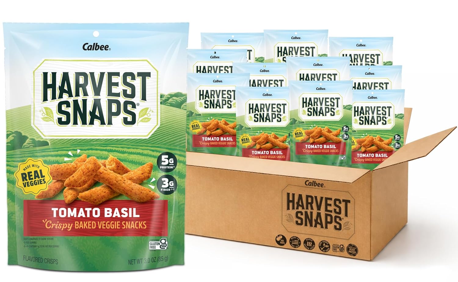 Harvest Snaps Veggie Chips (Tomato Basil Snack Crisps) | Powered by Plant Protein, Gluten Free, Non-GMO Baked Vegetable Crisps | Made in USA (12 Snack Packs)