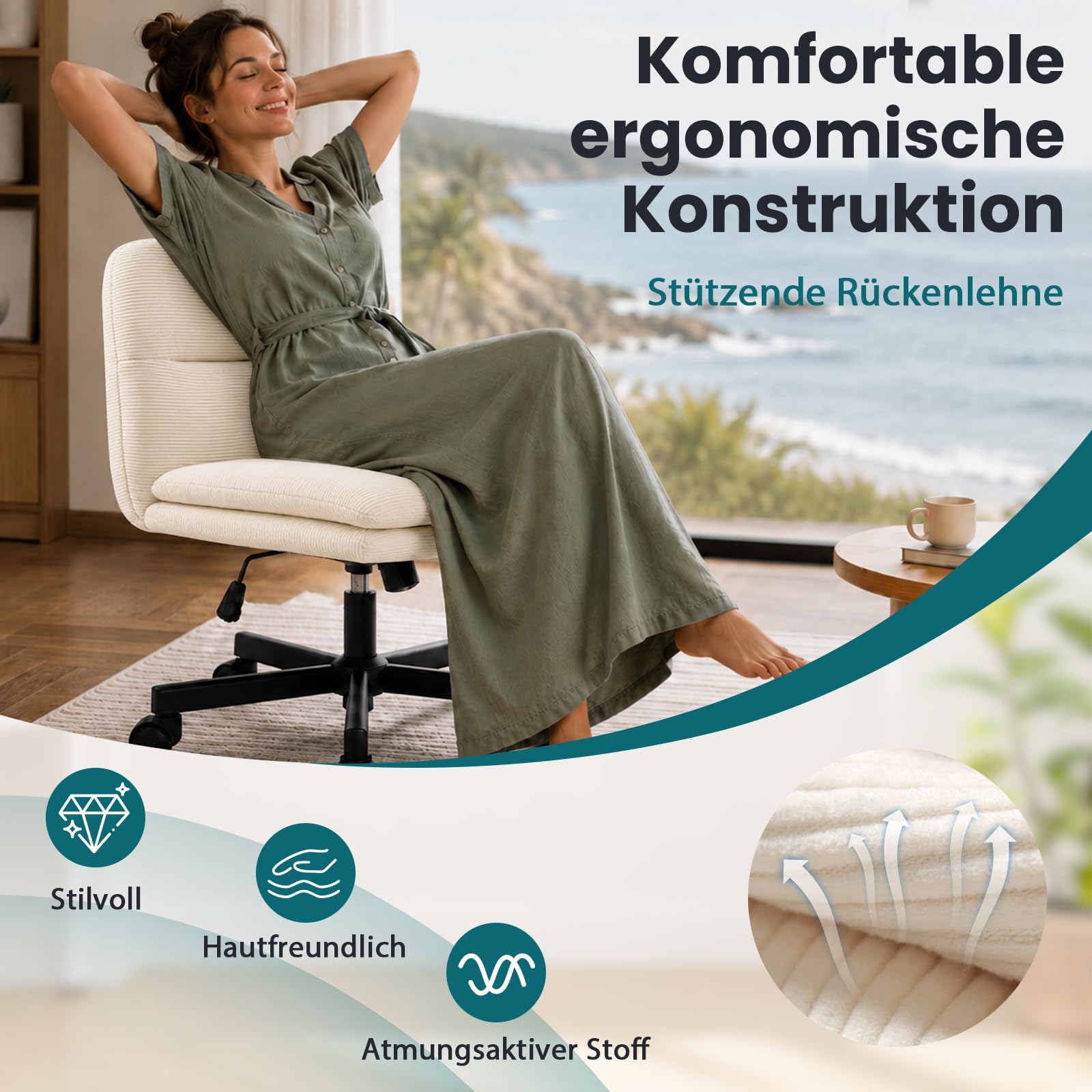 Bürostuhl ohne Armlehnen, Schneidersitz-Stuhl mit breiter Sitzfläche, Schreibtischstuhl mit Cordbezug, höhenverstellbarer Drehstuhl mit Wippfunktion, für Homeoffice, bis 136 kg, Creme