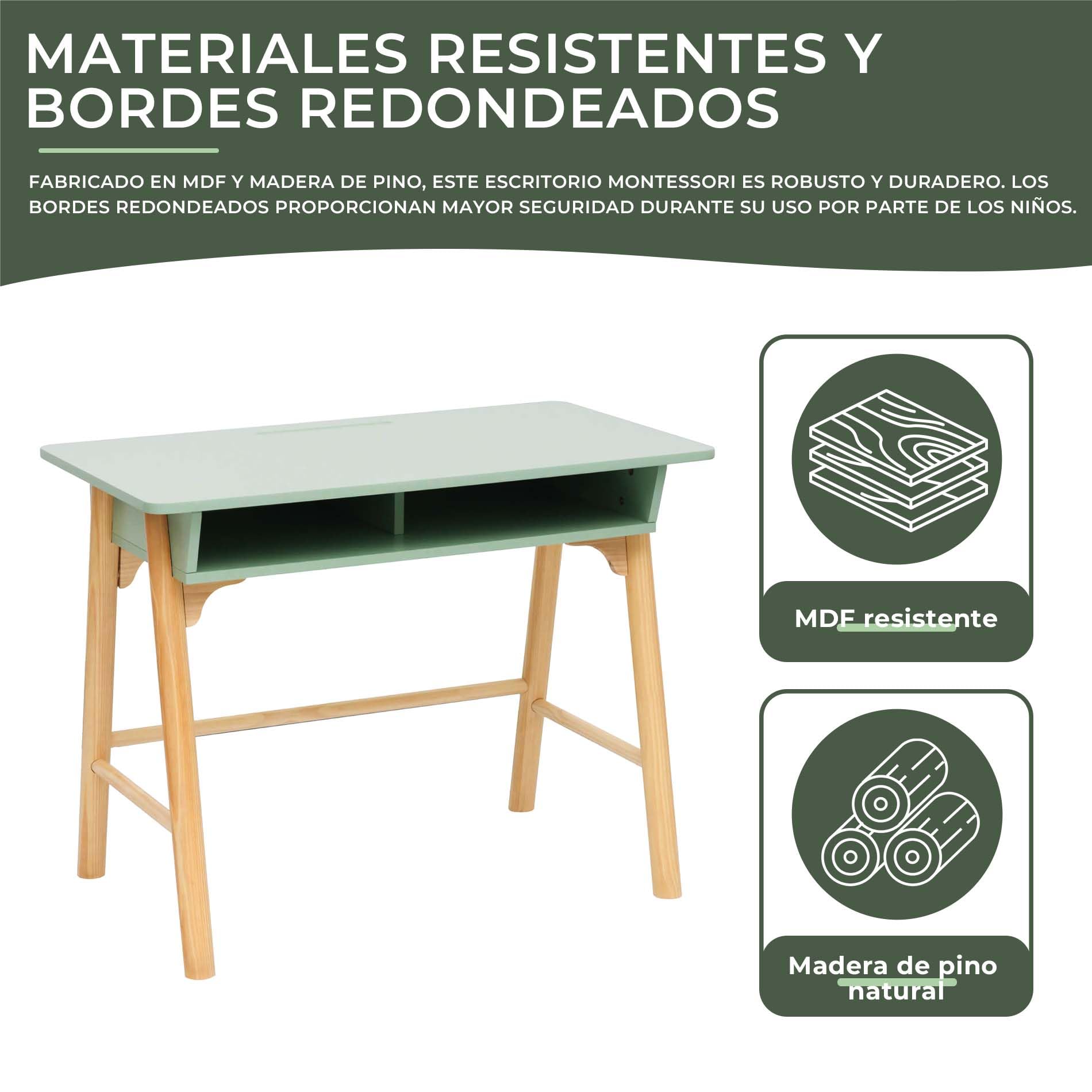 Rebecca Mobili Escritorio Montessori, Mesa para Habitación Infantil, Verde Agua Marrón, MDF Pino, con Compartimento de Almacenaje, Estable - Dimensiones AxAnxFon: 70 x 90 x 50 cm - Art. RE7136