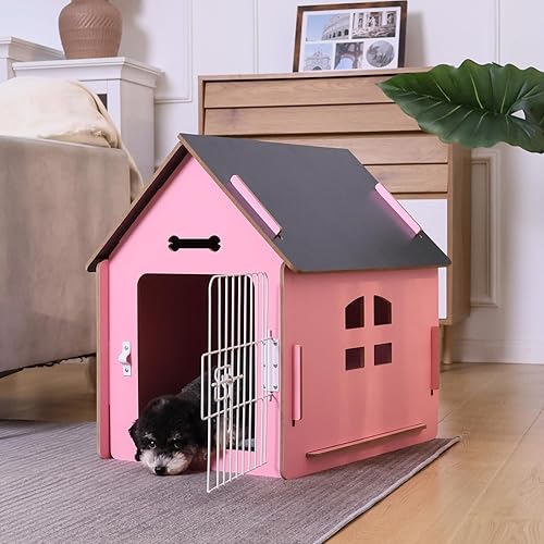 Dog House Indoor for Small Dogs or Cats, Cozy Wooden Design, Small Indoor Bed House, with Air Vents and Elevated Floor Warm Dog Cave - Pink