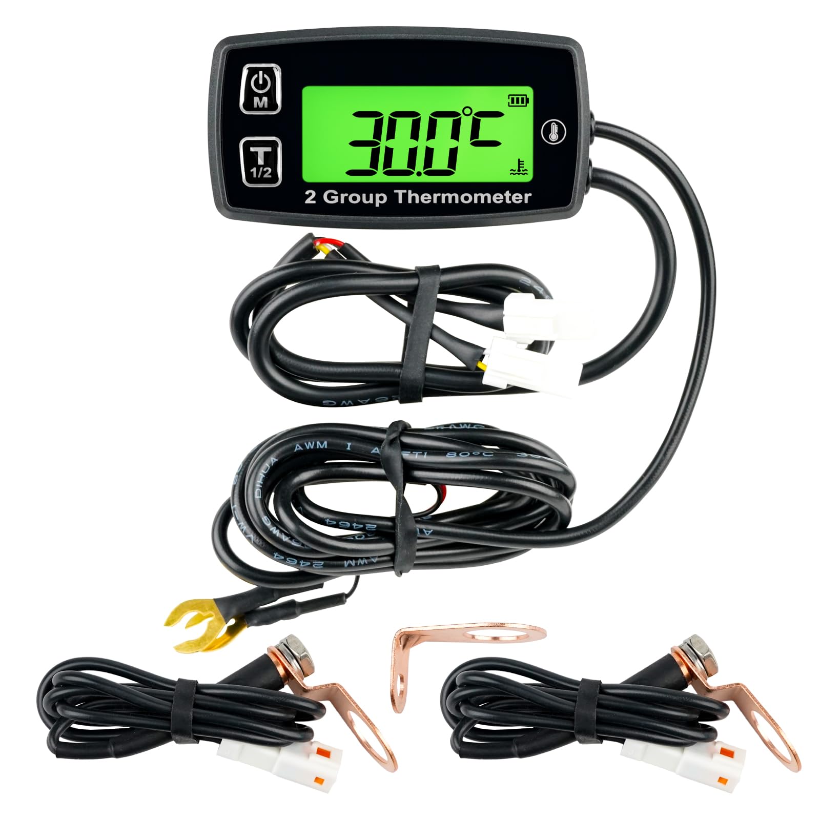 YOOREAL Digitale LCD Motore Temp Gauge, Doppia Registrazione Della Temperatura, Retroilluminazione Verde, Batteria e Alimentatore Esterno per Tosaerba Generatore Trattore Moto Dirtbike