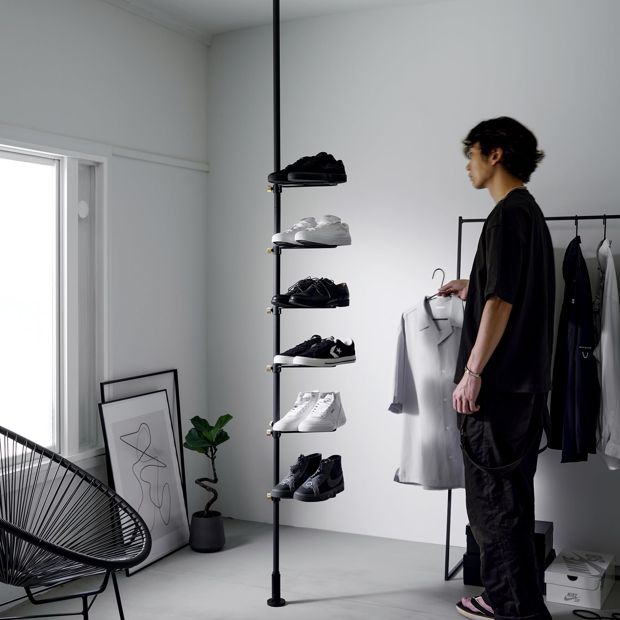 DRAW A LINE Tension Rod フック シューズラックセット Amazon｜DRAW A LINE オープンシューズラック6足SET Black テンション