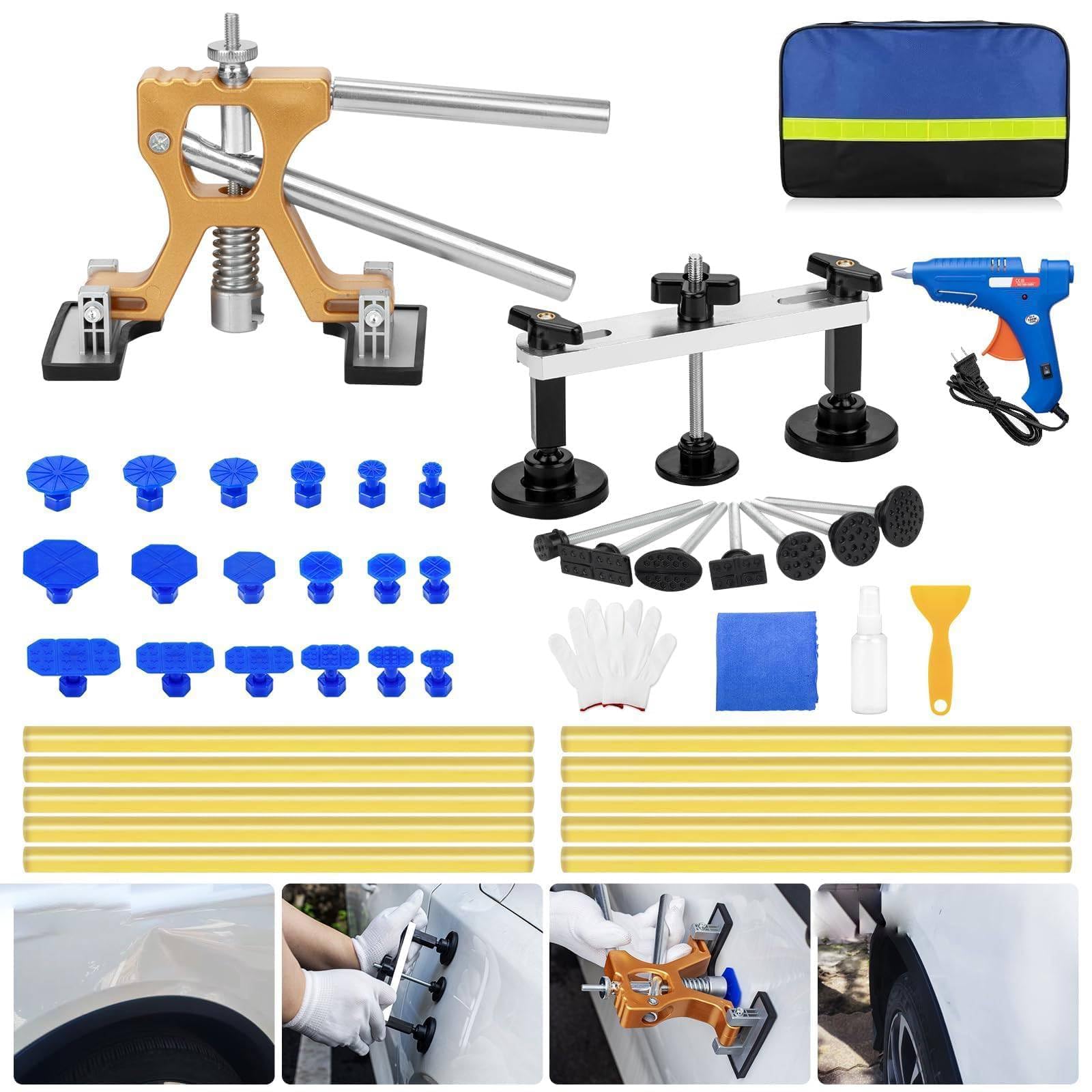Kit de débosselage de voiture avec débosselage, extracteur de pont, pistolet à colle thermofusible 100 W, bâtons de colle, onglets et sac de transport