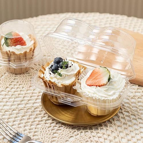 Miniatura 6 de Bekith 60 recipientes de plástico con 2 compartimentos para cupcakes, desechables con tapa hermética conectada, caja transparente apilable para