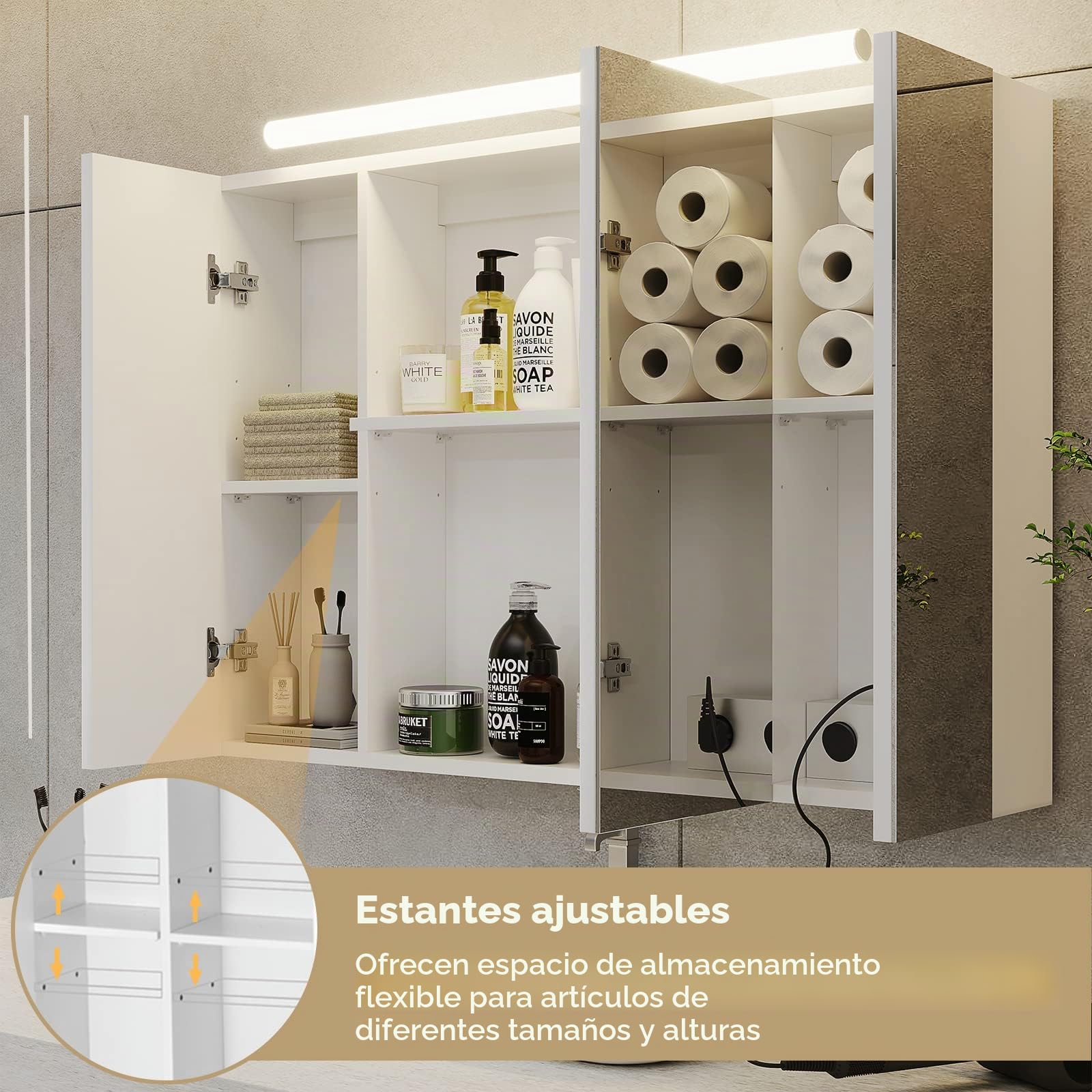 DICTAC Armario con Espejo baño con iluminación LED,Enchufe para máquina de Afeitar 90x60x16cm Armario de Pared con 3 Puertas y Estantes Ajustable con Mucho Espacio de Almacenamiento,Blanco
