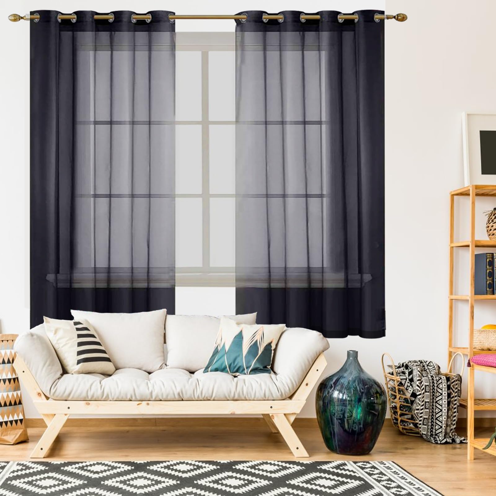 Rideau voilage noir effet lin haut de gamme 255 x 240 cm