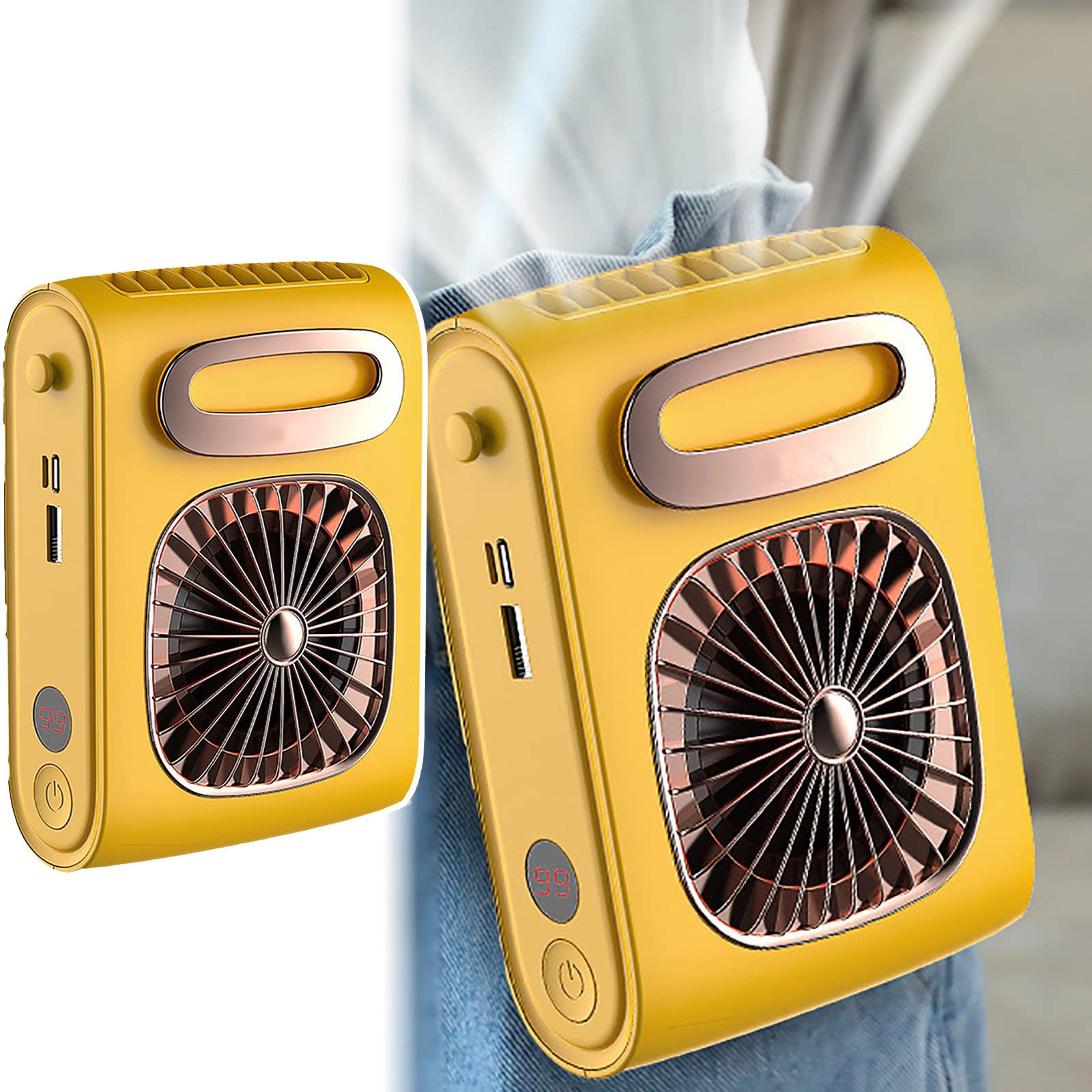 Mini ventilateur de cou suspendu jaune pour rester au frais en plein air