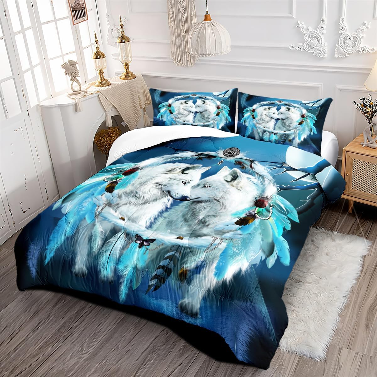 Wolf Dream Catcher Comforter Set Queen Size African Wildlife Bedding Sets Bohemia Animal Feather Comforter Boho Wolf Bed Set 3Pcs Soft Fluffy Lightweight Comforter (Girls Women Adult)