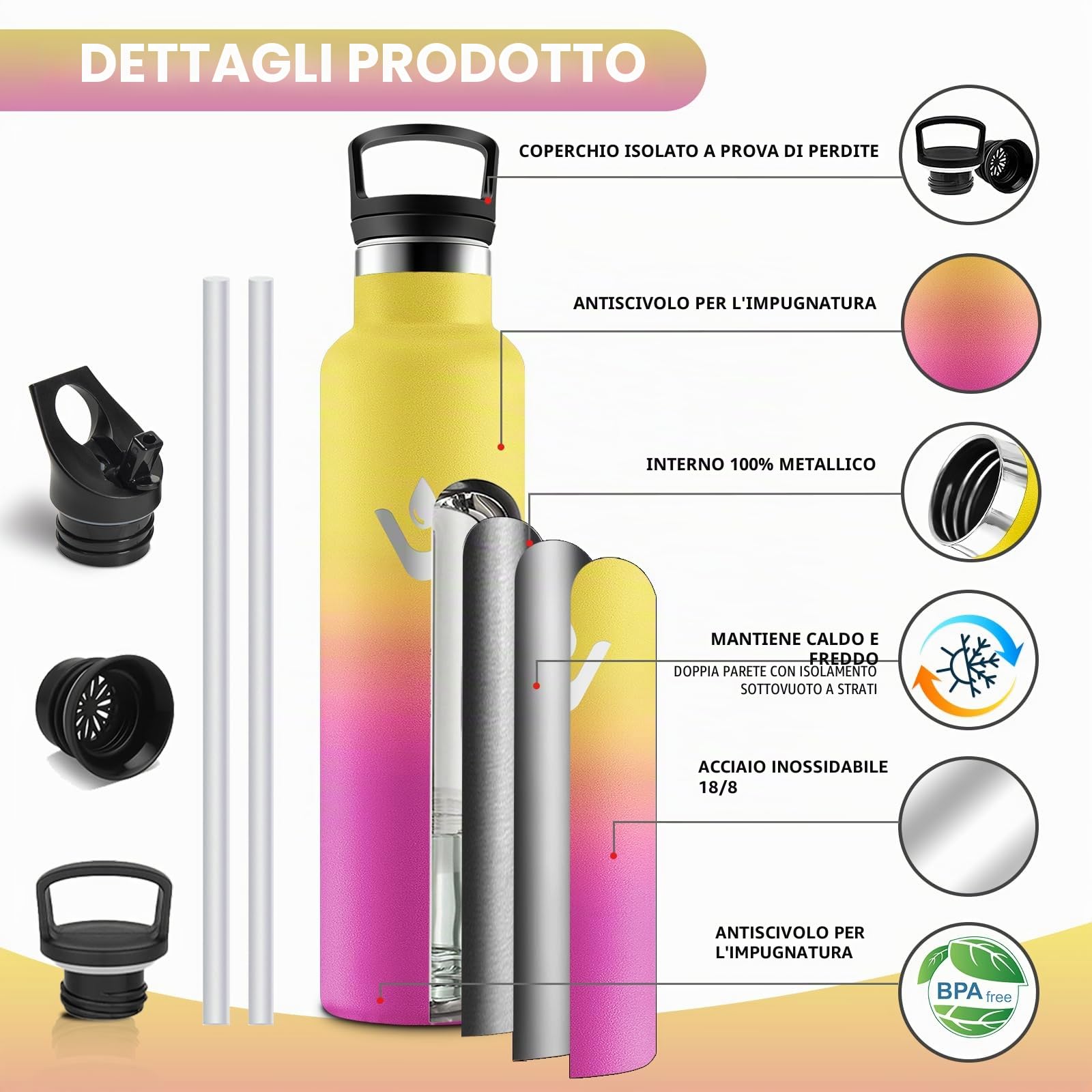 Motswedi Borraccia Termica 1 litro, Doppia Parete, Bottiglia Termica, a Prova di Perdite, Borraccia con Cannuccia, Acciaio Inox, Borracce Termiche, per Palestra, Outdoor, Campeggio, Giallo & Rosa