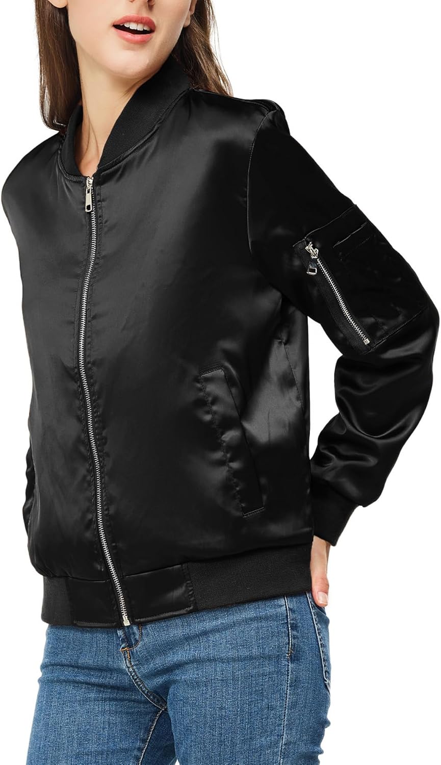 Rasujie Satin Bomber Jacket Women Zip Up Varsity Jacket Fall Windbreaker Outerwear with Pockets - Image 5