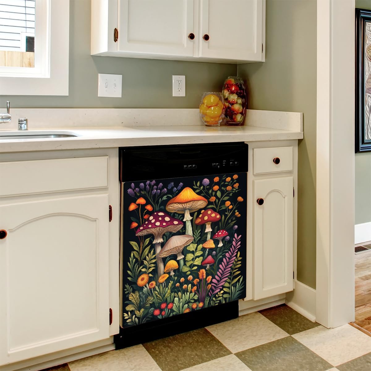 Dishwasher Covers Refrigerator Magnetic Panel Decals Mushroom Fairy Forest Flowers Plants On Black Background Reusable Dishwasher Door Covers Decorative 21" x 26" Inch