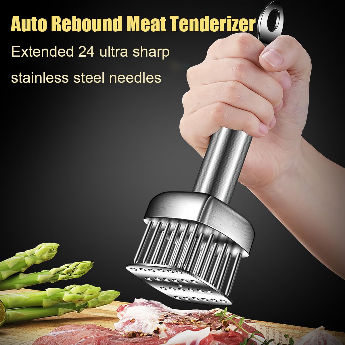 Bygytyo Stainless Steel Meat Tenderizer with Sharp Needles, Professional Meat Tenderizer Tool with 24 Ultra Sharp Stainless Steel Needles for Kitchen Camping BBQ Beef Chicken Steak Veal Pork