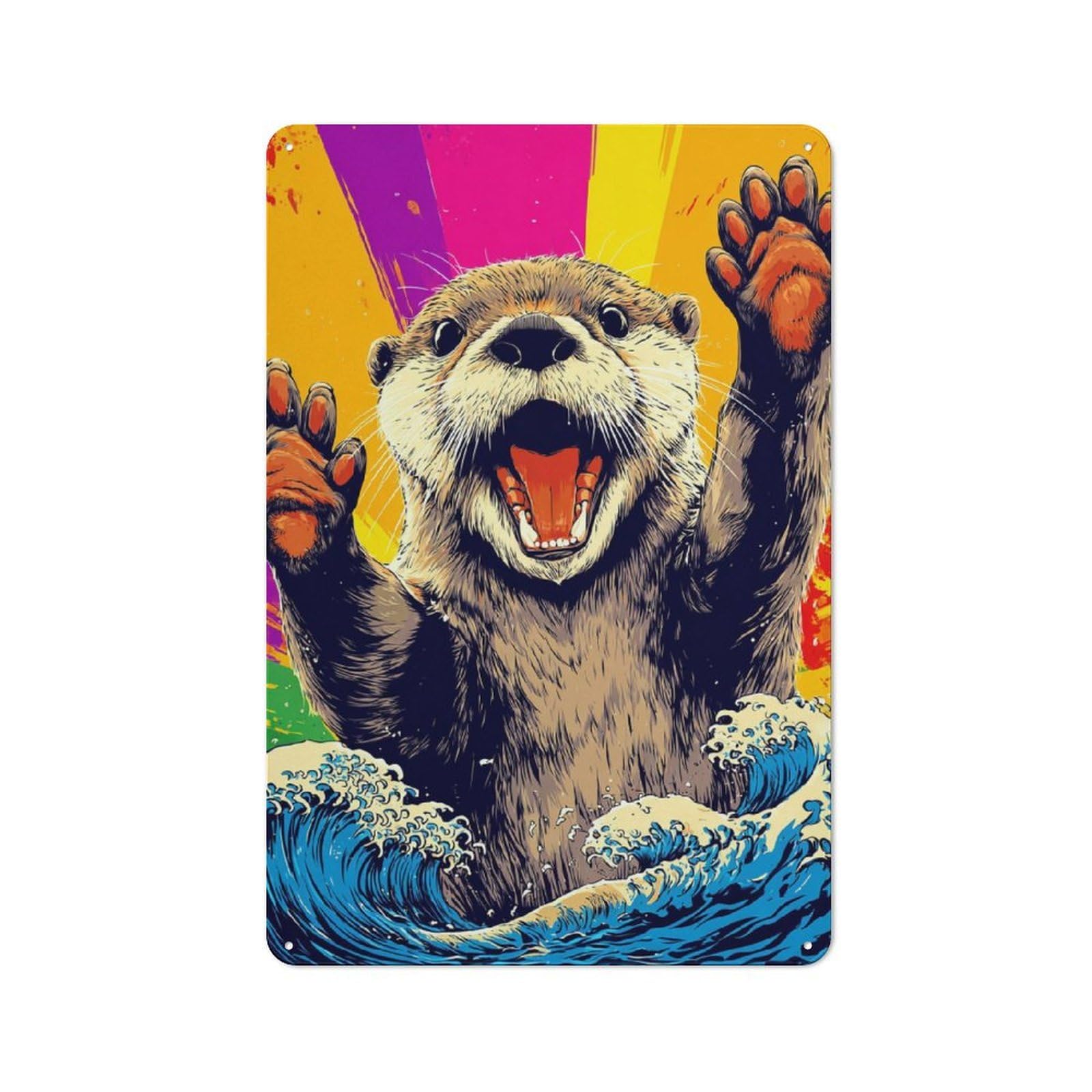 Junmoney Otter Surfing Rainbow Waves -1 Vintage Tin Wall Plaque 30X20cm For Studio Or Craft Room, For Garage, Workshop And Man Cave Decoration