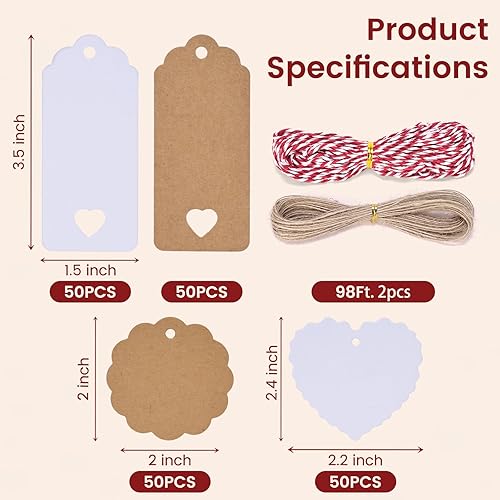 Miniatura 3 de SallyFashion Paquete de 200 etiquetas de regalo con cuerda adjunta, 3 diseños diferentes, etiquetas en blanco y marrón, etiquetas de regalo con