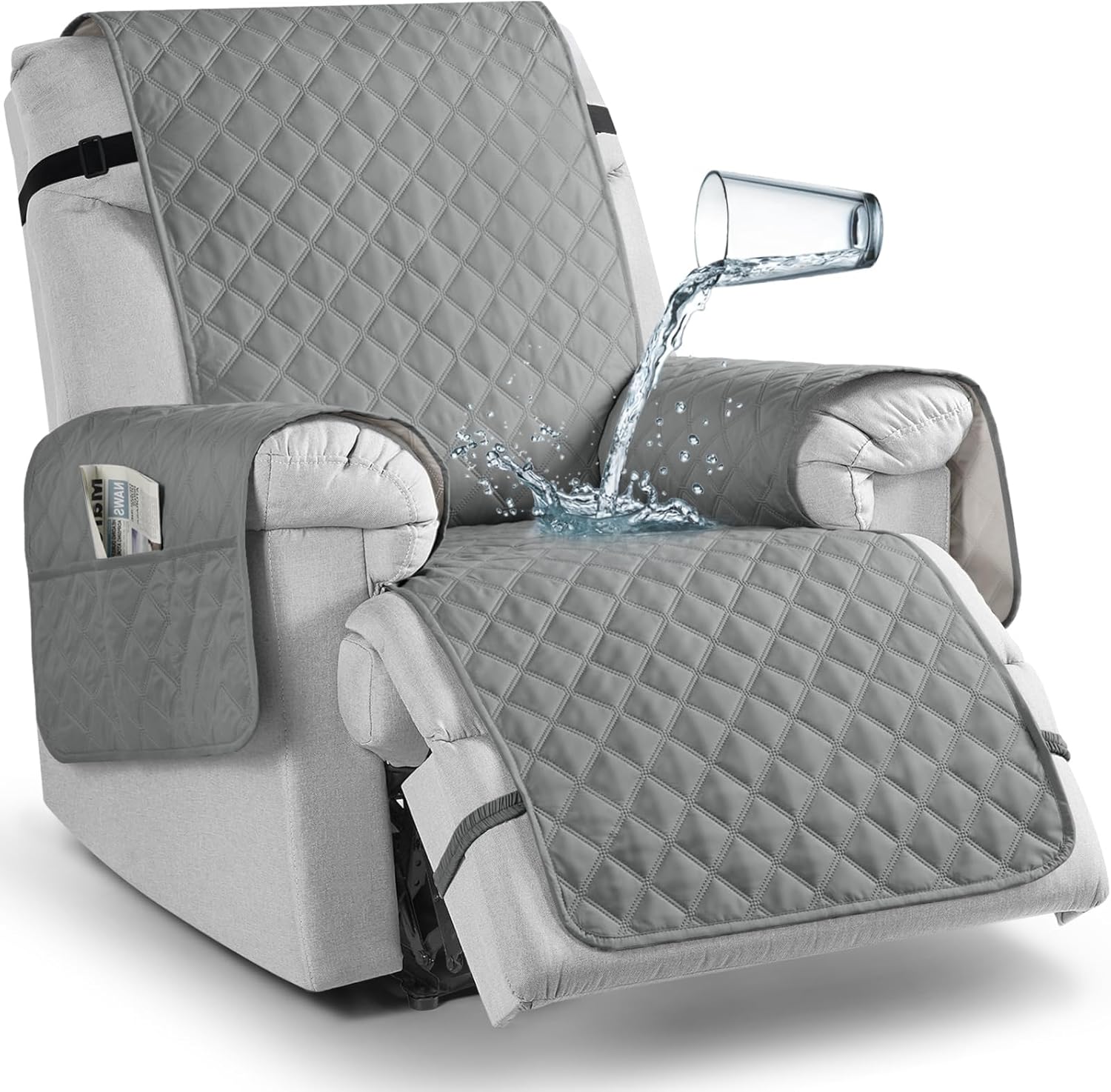 TAOCOCO 100% Waterproof Recliner Chair Covers, Reversible Recliner Covers with Leg Straps, Washable Recliner Sofa Covers for Reclining Chair Furniture Dog Protector with Pocket (Light Gray, 23.6'')