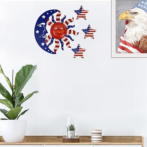 Miniatura 6 de Decoración de pared de sol, 4 piezas de decoración grande de sol, luna, estrella, escultura de pared, bandera estadounidense, decoración para colgar