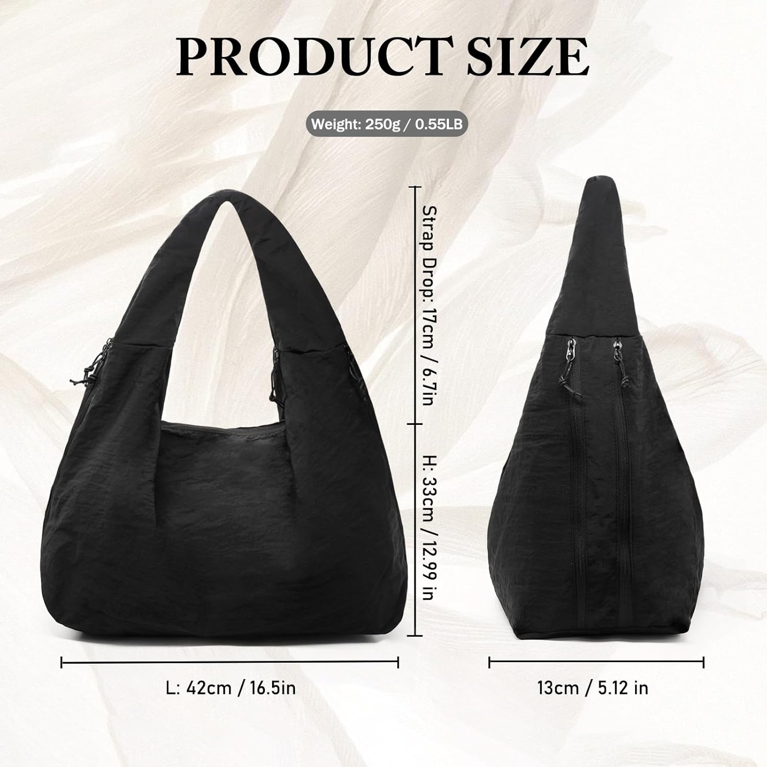 Long Keeper Slouchy Tote Bag Nylon Hobo Bag for Women Pleated Hobo Handbag Large Crescent Shoulder Bag for Travel Gym Casual
