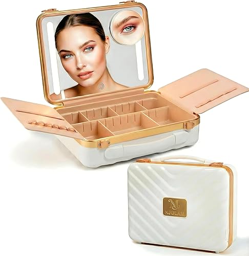 Miniatura 8 de Estuche de maquillaje iluminado con espejo, organizador de maquillaje portátil de viaje con espejo iluminado, 3 ajustes de luz, separadores