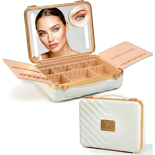 Lighted Makeup Case with Mirror - Portable Travel Makeup Organizer with LED Mirror, 3 Light Settings, ADJUSTABLE DIVIDERS, Makeup Bag with Mirror and Light - Mini 10x Mirror included