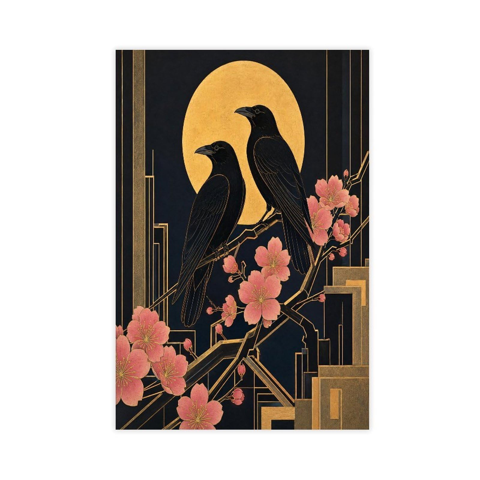 H3b8u2y5 Unframe-Style-3 Raven Pair Under Golden Moon Canvas Wall Art, Reading Corner