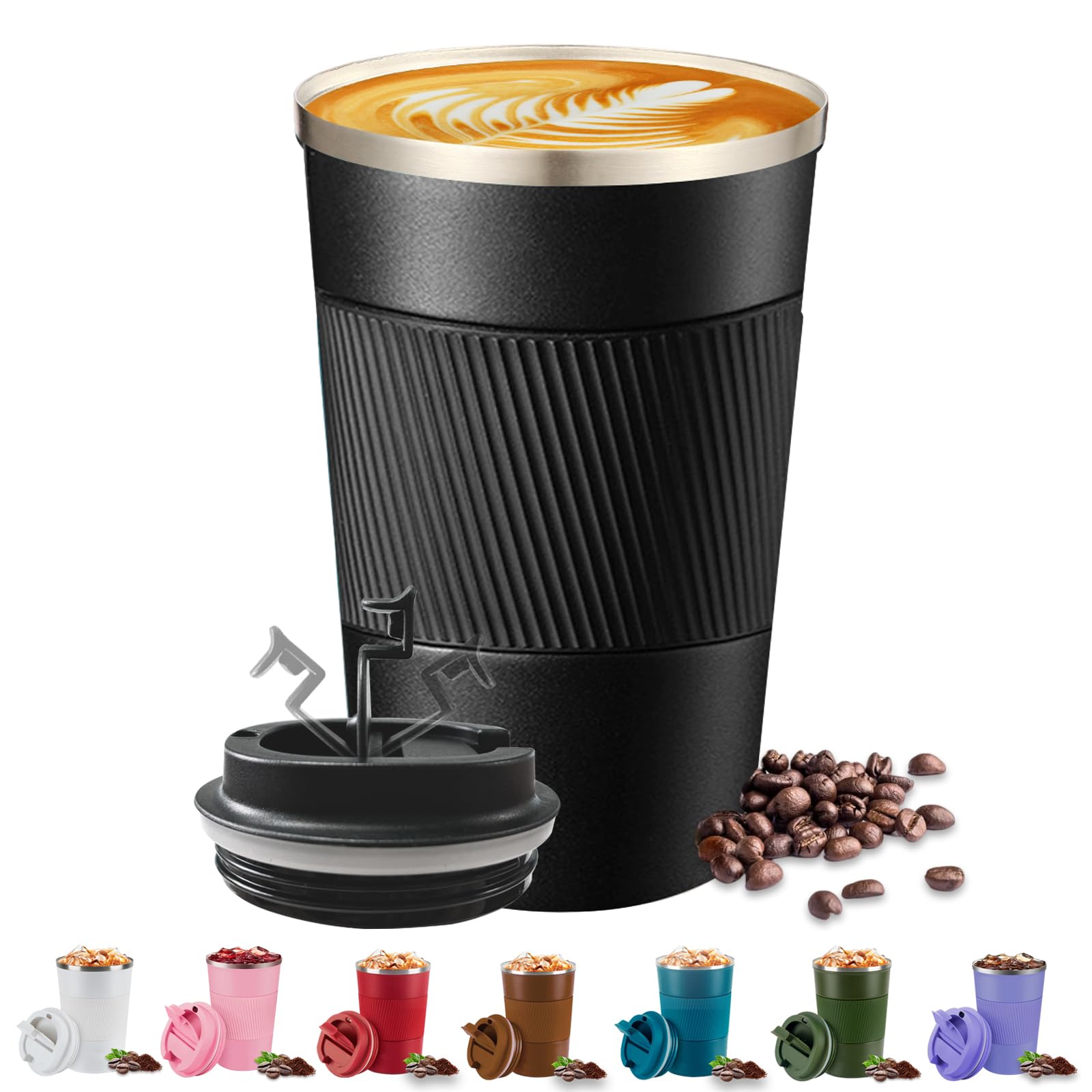 KISUOMAOYI Travel Mug - 380/510 Reusable Insulated Coffee Mug with Leakproof Lid, 304 Stainless Steel Portable Coffee Cup for Hot & Cold Coffee, Tea, Water and Drinks (Black)