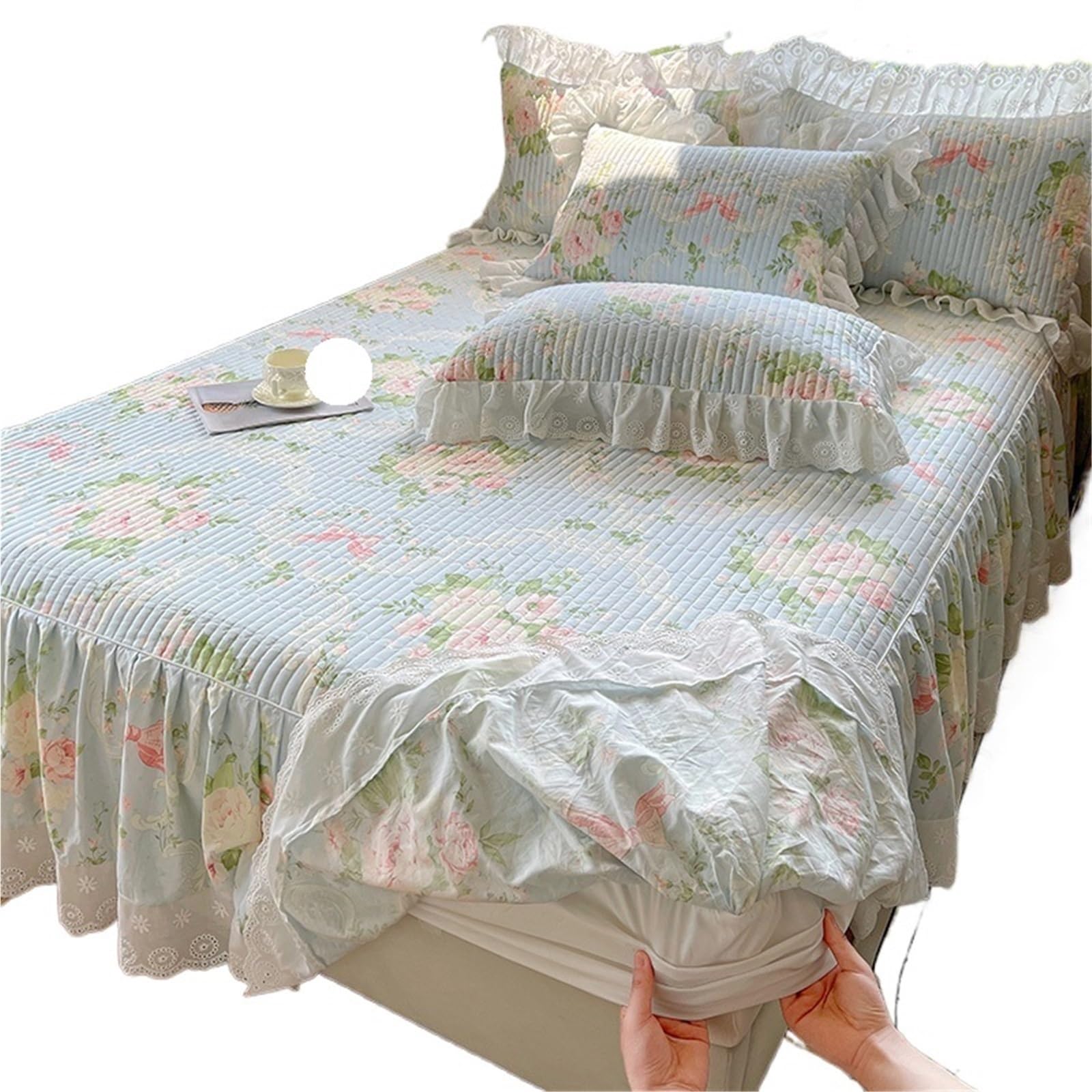 3Pcs Lace Ruffles Floral Pure Cotton Quilted Bed Skirt, Mattress Cover, Bedspread, Sheet, Fitted, With Pillowcases(Color 2,200X220cm 3pcs)