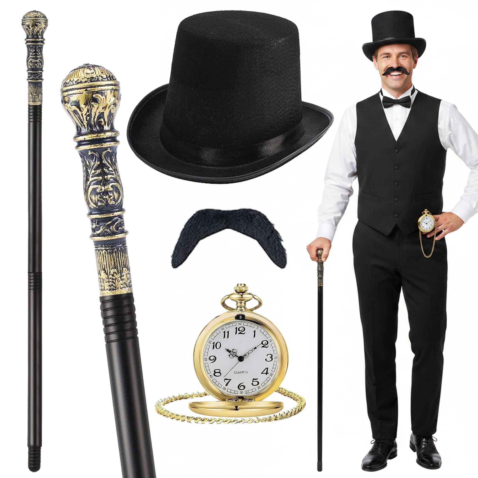 Victorian Style Fancy Dress - Vintage Role Play Costume Accessory Set with Cane, Top Hat, Pocket Watch and Moustache for Halloween Cosplay Adult Mens