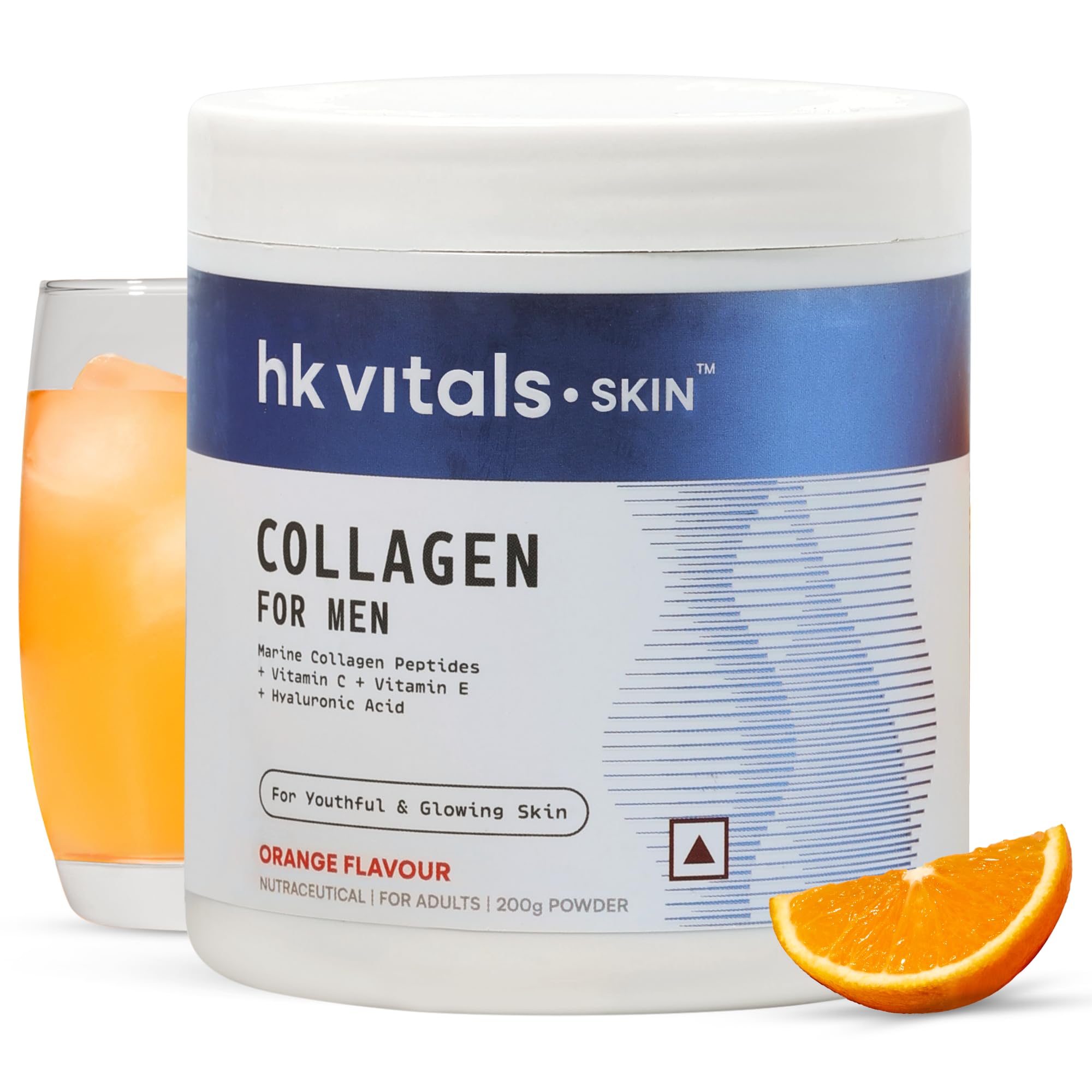 hk vitals Marine Collagen for Men Supplement (Orange, 200g) | Vitamin C, E, Sodium Hyaluronate | For Youthful & Glowing Skin