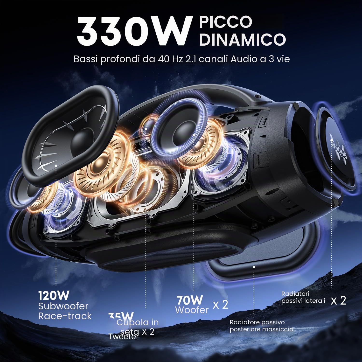 W-KING 330W MAX 200W RMS Cassa Bluetooth Potente Portatile Altoparlanti con 7.5'' Subwoofer/40Hz Deep BASS/APP/IPX7 Impermeabile/30H/BT 5.4/Ingresso Mic/Chitarra/OTG/AUX/TF, Party Wireless Speaker