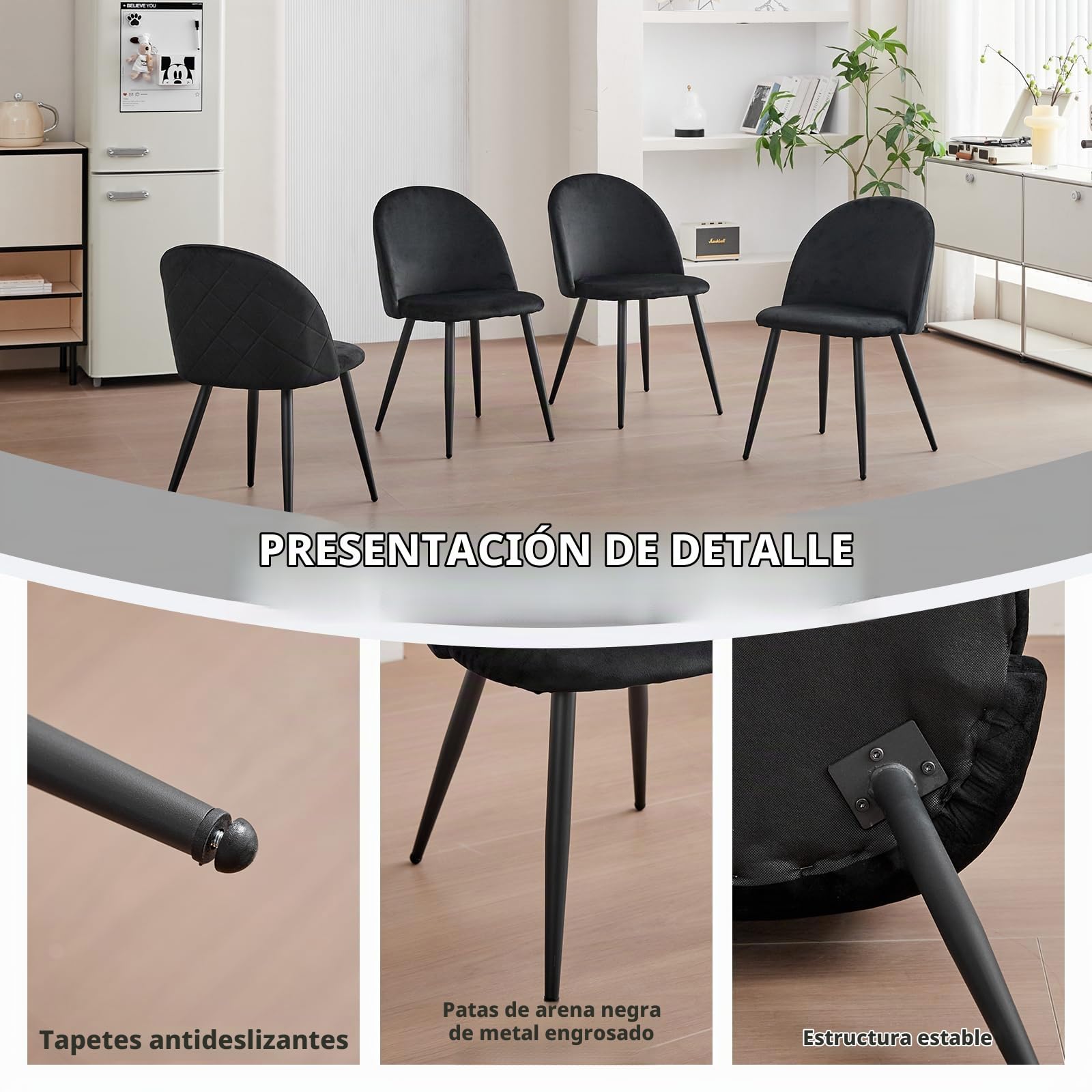 GrandCA HOME Conjunto de Mesa y Sillas de Comedor, Mesa Redonda de 100 cm y 4 Sillas de Terciopelo Nórdico, Ideal para Salón, Comedor y Cocina (Veta de Madera Clara + Negro)