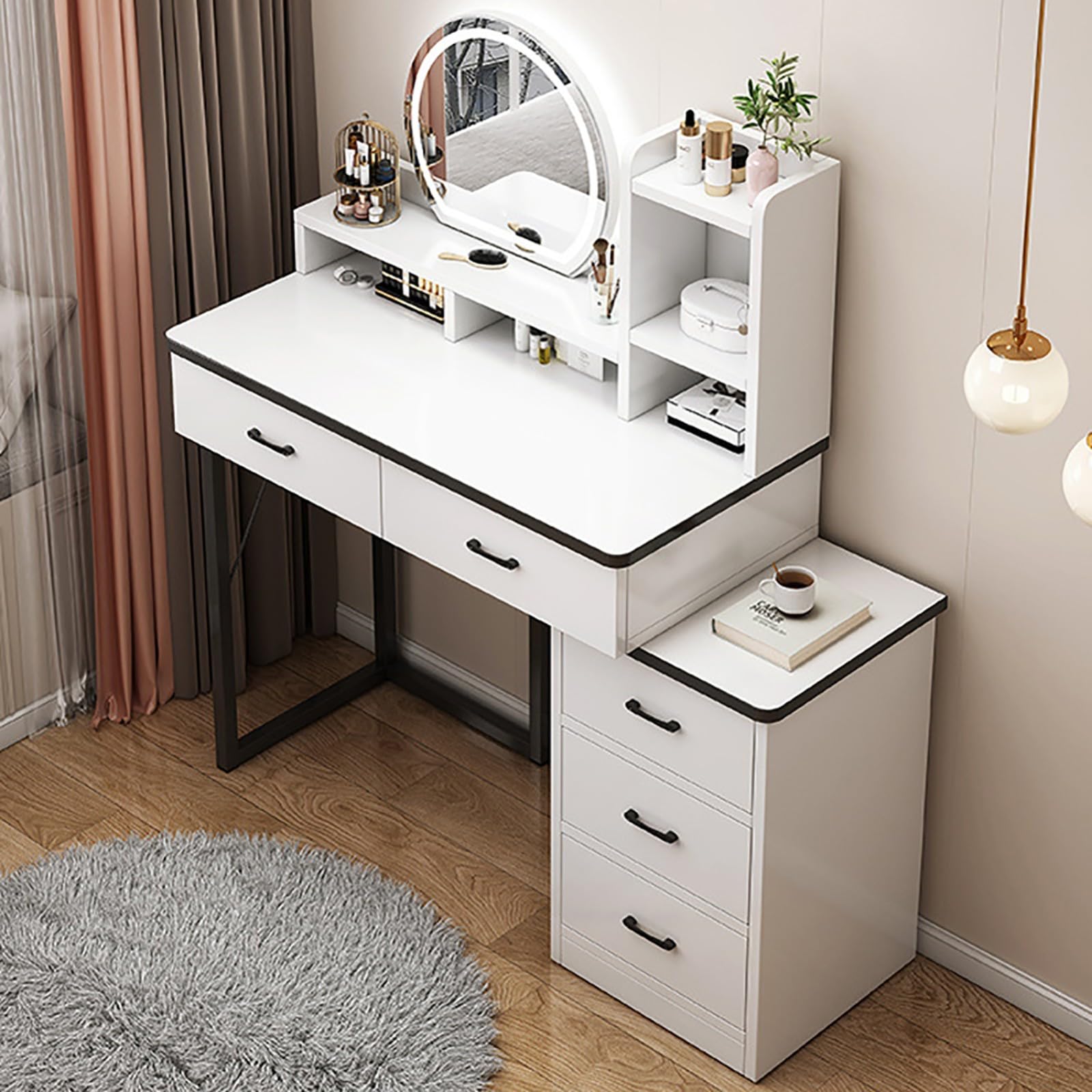Scrivania da trucco illuminata con specchio LED regolabile con 5 cassetti, tavolo da toeletta per camera da letto, elegante stazione di trucco 80-100 cm, design moderno per gli amanti della bellezza