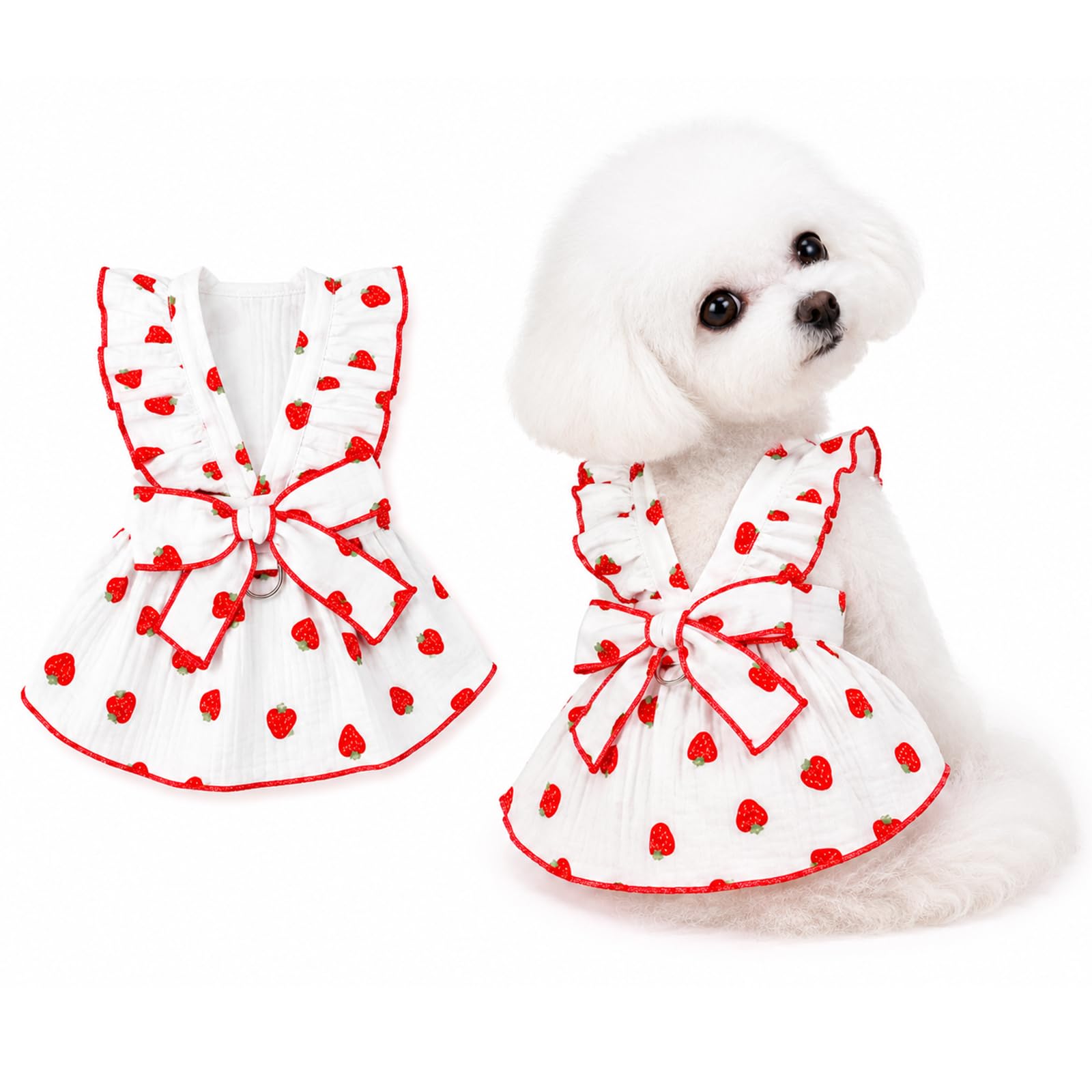 DecroXmas Dog Dress for Small Pets,Strawberry Print Lightweight Ruffle Puppy Skirt with Bow Back, Summer Outfit for Clothes Puppies XS-XL 1 Pack White L